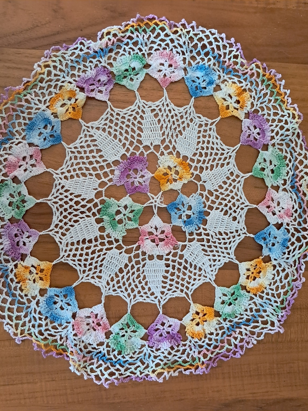 Handmade Crochet Doily with Multicolor Flower Accents